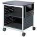 A black and silver Safco mobile printer stand with shelves and wheels.