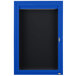 A blue aluminum cabinet with a black door and key.