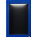 A blue aluminum cabinet with a blue door and a light on it.