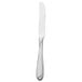 A silver Oneida Scroll dinner knife with a white background.