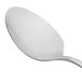 A Oneida Scroll stainless steel dessert spoon with a white handle.