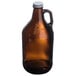 A close-up of a Libbey amber glass growler with a handle.