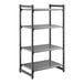 A four-shelf, vented, stationary shelving unit made of plastic, measuring 24 inches by 36 inches by 64 inches.