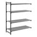 A black vented four-shelf add-on shelving unit made of plastic, measuring 21 inches by 54 inches by 64 inches.