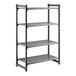 A four-shelf vented plastic shelving unit with a black frame.