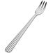A close-up of a Bon Chef Britany stainless steel oyster/cocktail fork with a silver handle.
