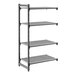 A gray vented four-shelf add-on shelving unit made of plastic.