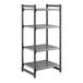 A four-shelf, vented, stationary shelving unit made of durable plastic.