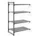 A four-tier vented shelving unit with a metal frame and slatted shelves.