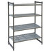 A grey metal Cambro Camshelving Basics Plus stationary unit with four shelves.