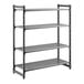 A black, four-shelf vented plastic shelving unit designed for storage and organization.