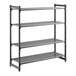 A black vented four-shelf stationary shelving unit made of plastic.