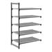 A gray five-shelf vented plastic shelving unit with an open slat design.