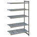 A grey plastic vented shelf with four shelves.