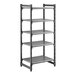 A five-shelf vented plastic shelving unit with a black frame and gray shelves.
