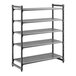 A gray, five-shelf vented plastic shelving unit designed for storage and organization.
