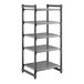 A gray, five-shelf vented plastic shelving unit designed for storage and organization.