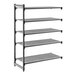 A gray, five-tier vented shelving unit designed for storage and organization.