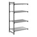 A gray shelving unit with three vented shelves and one solid shelf, designed for storage and organization.