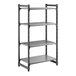 A black stationary shelving unit with three vented shelves and one solid shelf.