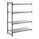 A four-shelf solid add-on shelving unit with a metal frame and flat shelves.