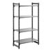A black four-shelf stationary shelving unit with solid shelves and a sturdy frame.