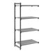 A gray vented four-shelf add-on shelving unit made of plastic, measuring 21 inches by 36 inches by 72 inches.