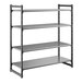 A black stationary shelving unit with three vented shelves and one solid shelf.