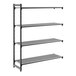 A black vented four-shelf add-on shelving unit with a metal frame.