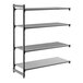 A black shelving unit with three vented shelves and one solid shelf.