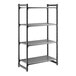 A four-shelf vented stationary shelving unit made of plastic, designed for storage and organization.