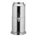 A silver stainless steel milk can beverage dispenser with a spigot and lid.