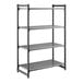 A four-shelf vented stationary shelving unit made of plastic, measuring 24 inches by 48 inches by 72 inches.