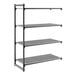 A four-tier vented shelving unit with a metal frame and slatted shelves.
