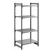A black stationary shelving unit with three vented shelves and one solid shelf.