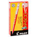 A red and white box of 12 Pilot P-500 0.5mm Roller Ball Stick Gel Pens with red ink.