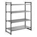 A black stationary shelving unit with three vented shelves and one solid shelf.