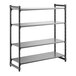 A black four-shelf stationary shelving unit with solid shelves and a sturdy frame.