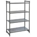 A grey metal Cambro Camshelving Basics Plus stationary shelving unit with four shelves.