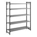 A black vented five-shelf stationary shelving unit.