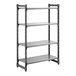 A black and gray four-shelf stationary shelving unit with solid shelves and a sturdy frame.