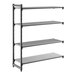 A black shelving unit with three vented shelves and one solid shelf, designed for storage and organization.