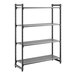 A four-shelf, vented, stationary shelving unit made of durable plastic.