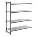 A four-shelf solid add-on shelving unit with a black frame and gray shelves.