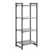 A four-shelf black and gray stationary shelving unit with solid shelves and a sturdy frame.