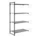 A four-tier vented shelving unit with a metal frame and slatted shelves.