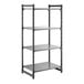 A four-shelf black stationary shelving unit with solid shelves and a sturdy frame.