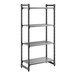 A black stationary shelving unit with three vented shelves and one solid shelf.