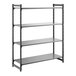 A black four-shelf stationary shelving unit with solid shelves and a sturdy frame.