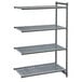 A grey vented plastic shelf with shelves and a grate with holes.